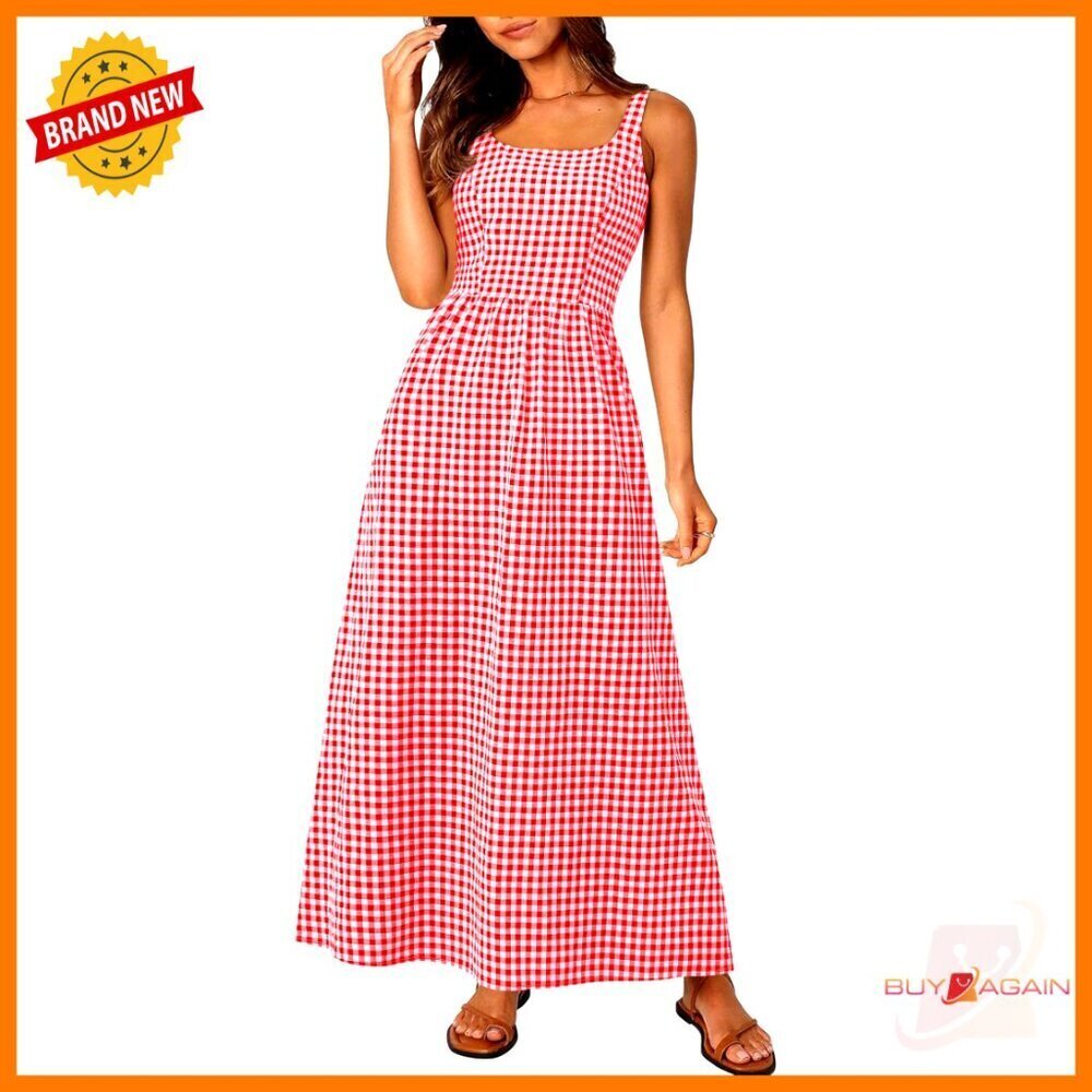 Spaghetti Strap Maxi Dress Plaid Square Neck A Line Casual Beach Vacation